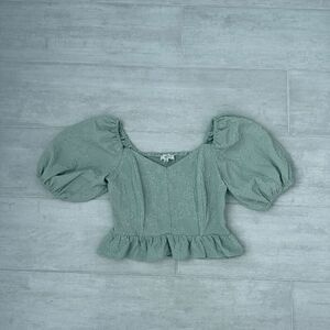Entro Blouse Short Balloon Sleeve Peplum Milkmaid Crop Top Mint Sage Smock Back